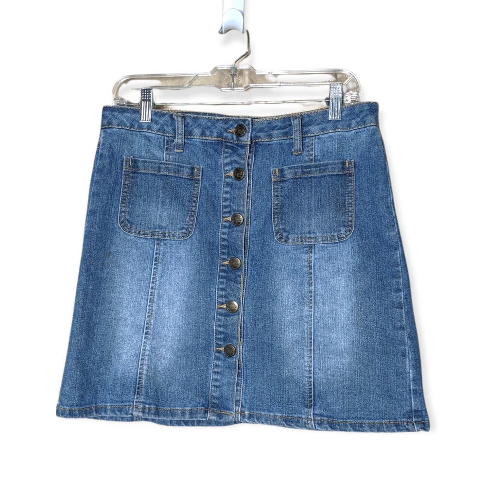 EARL JEANS Denim Distressed Mini Skirt Button Down 8